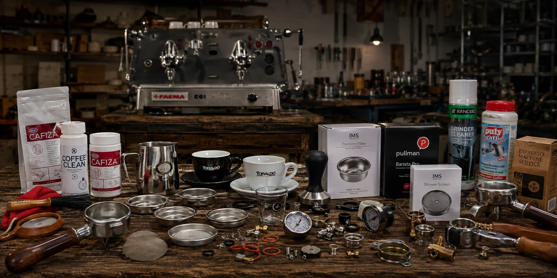 Verschiedenes Kaffeezubehör im Reparatur Raum vor einer Kaffeemaschine