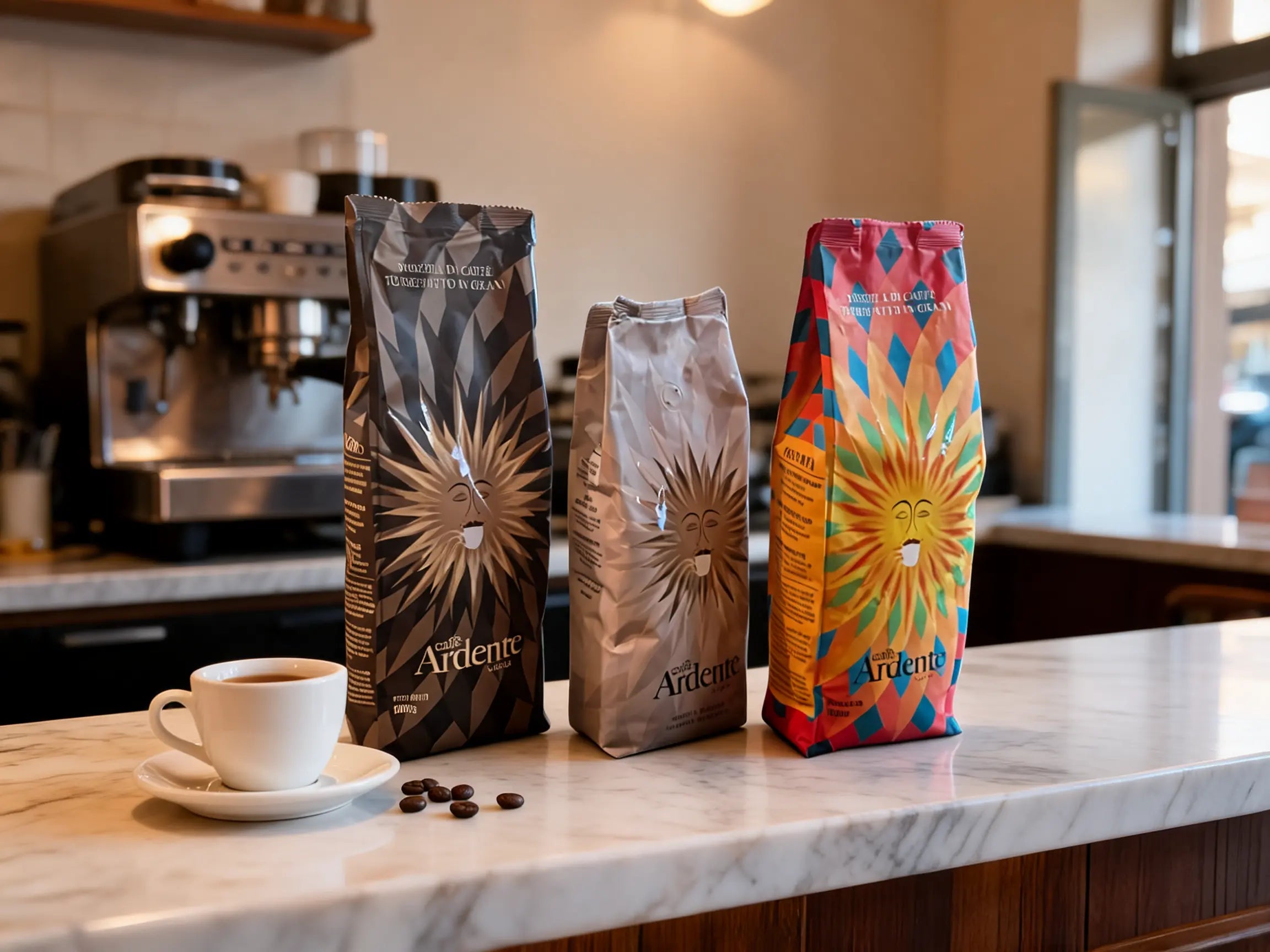 Drei Packungen Ardente Caffè, ganze Bohne, auf einem Tresen im Coffee-Shop