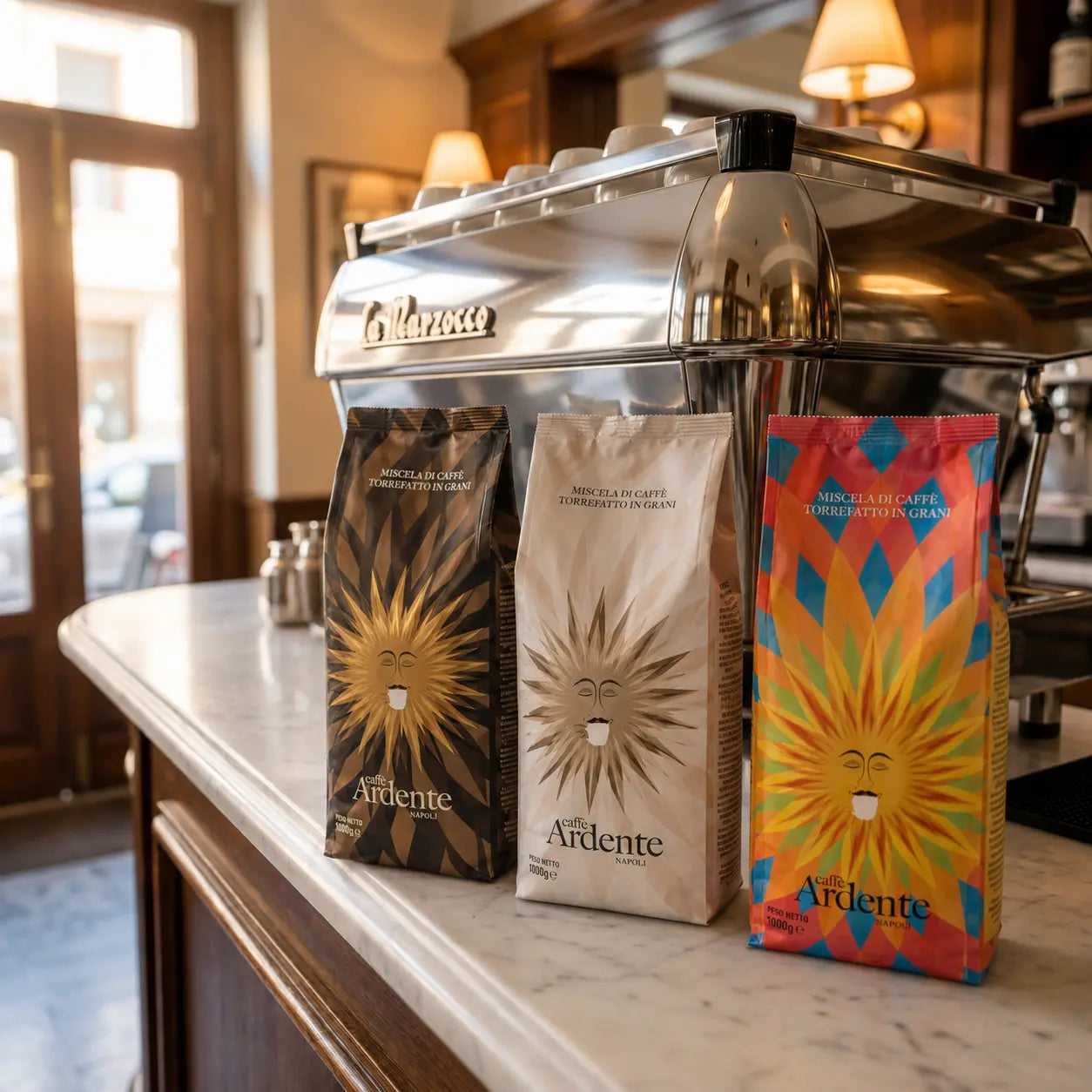 Drei Ardente Caffè Packungen, ganze Bohnen, auf einem Tresen im Cafè vor der Espresso Maschine