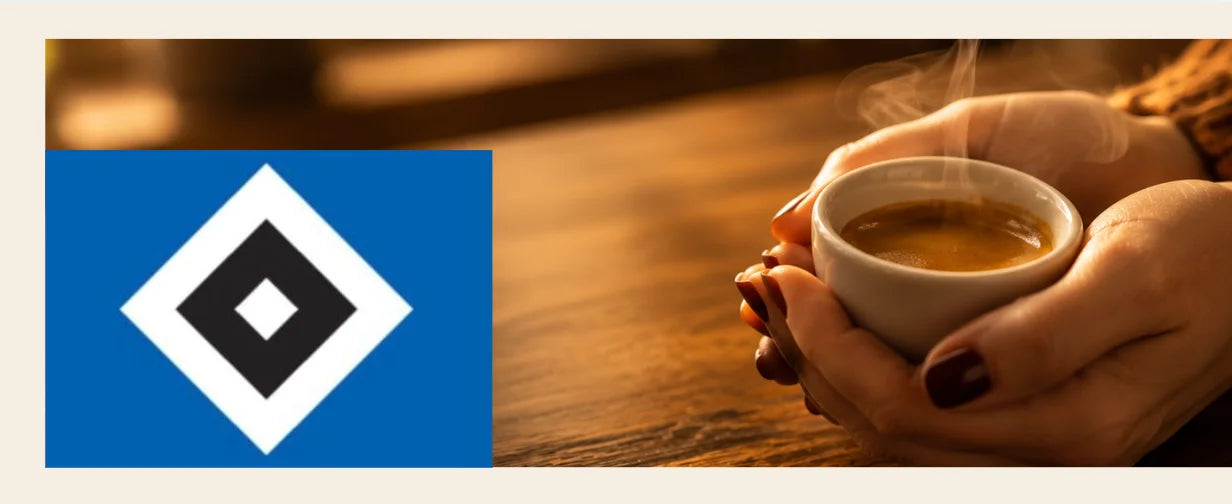 HSV Logo links, rechts im Bild hält eine Frau eine Tasse Espresso in den Händen