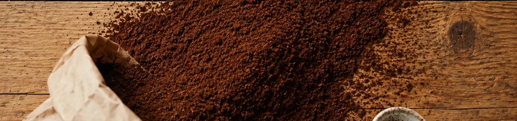 Gemahlener Kaffee aus einer Tüte auf dem Holztisch