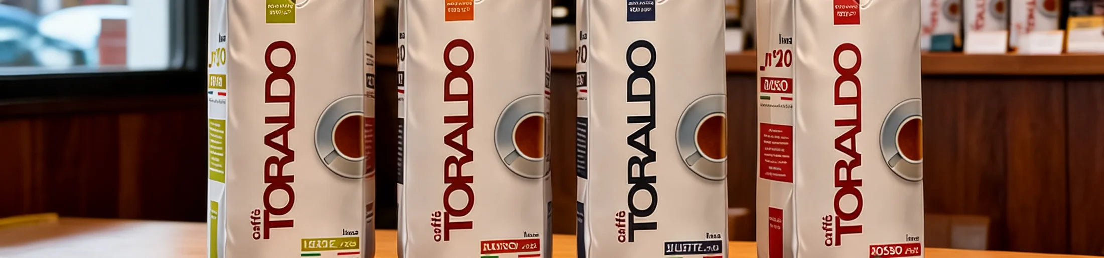 Vier Toraldo Kaffeebohnen Packungen in der Nahaufname