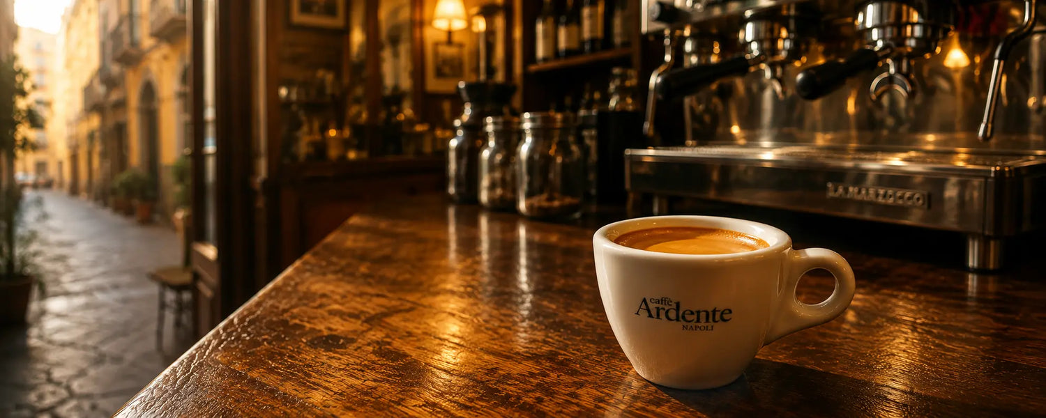 Ardente Caffè Espresso Tasse auf einem Tresen vor einer Espressomaschine in einem Café in Napoli