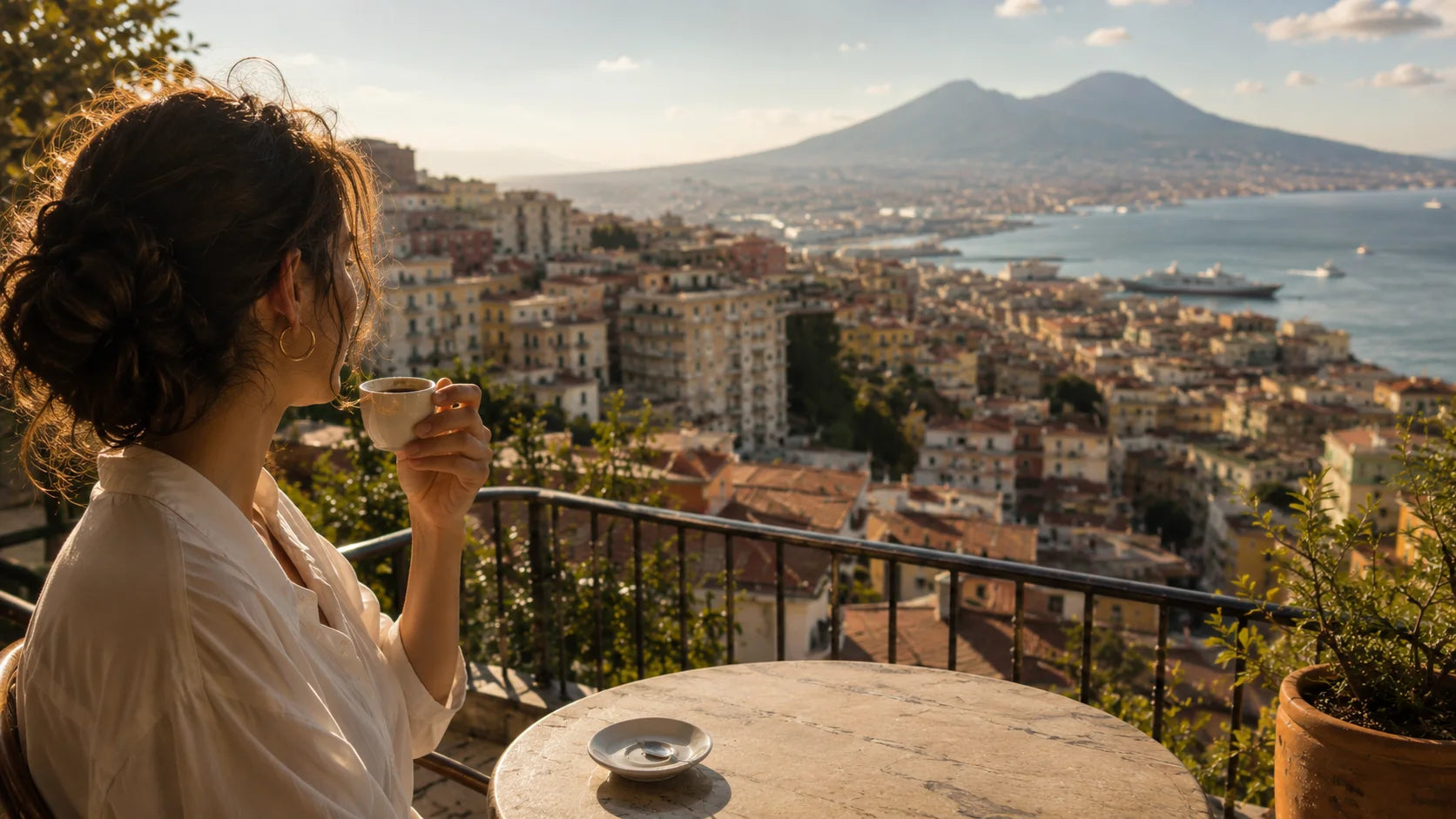 Frau die mit einer Tasse Espresso auf Napoli schaut