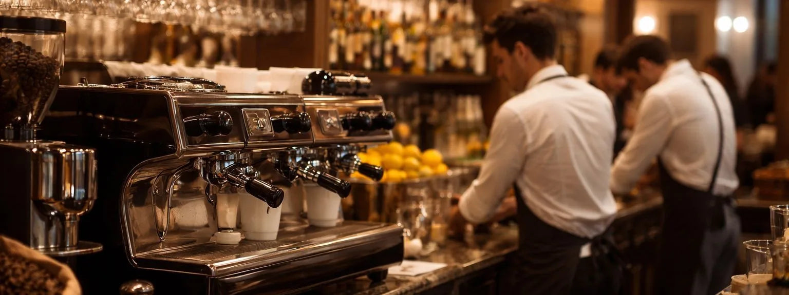 2 Kellner hinter einer Bar in einem Hotel neben einer Kaffeemaschine