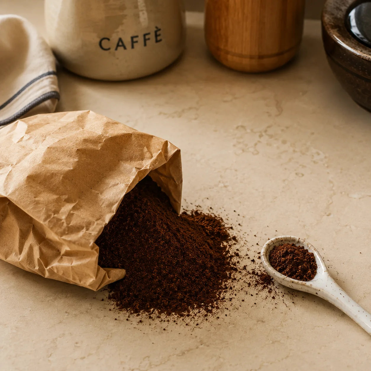 gemahlener Kaffee auf einem Kühentisch, im Hintegrund Dose angeschnitten