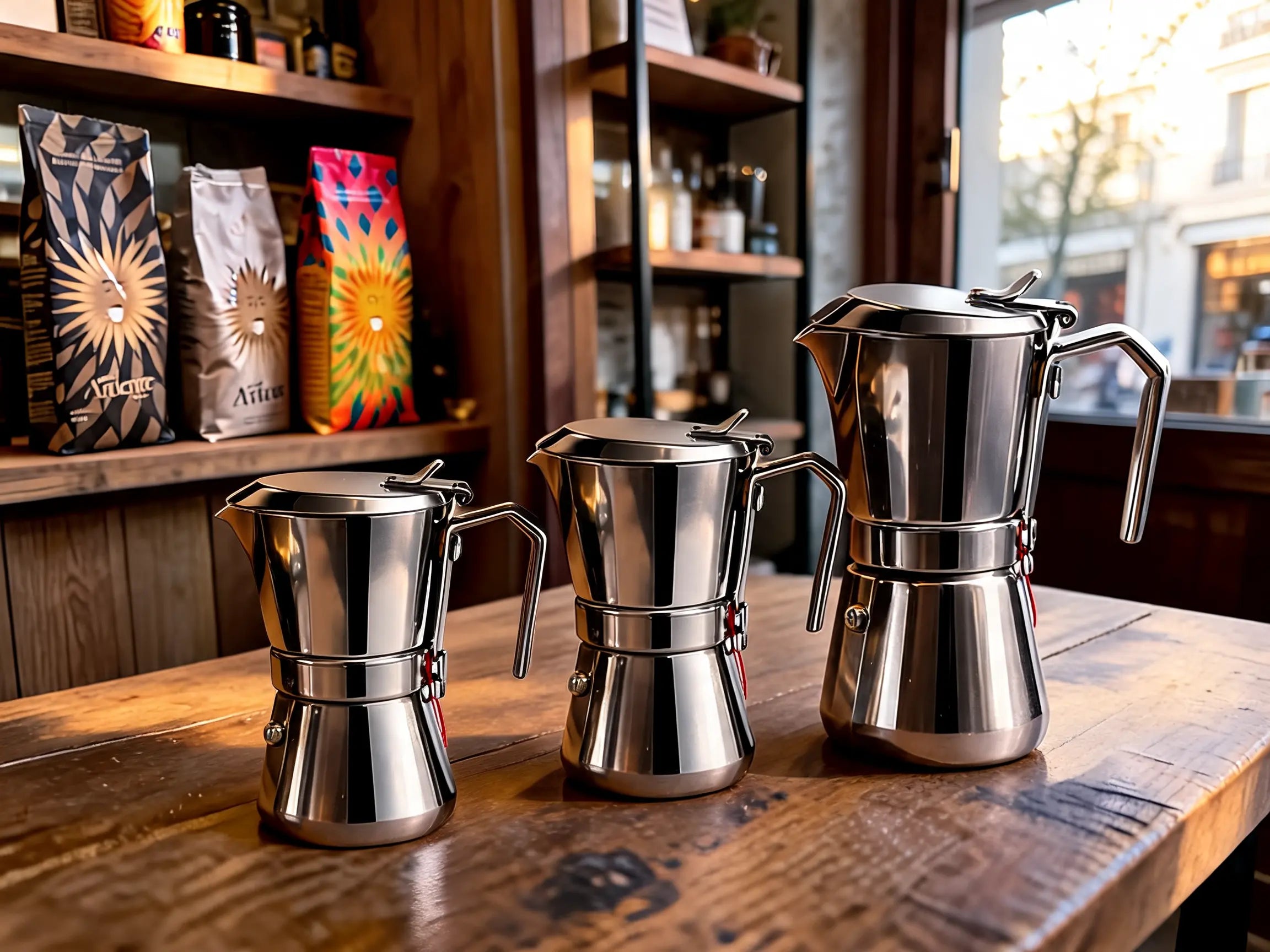 Giannini Kaffeekannen Sortiment im 3er Pack auf einem Tisch im Coffee-Shop