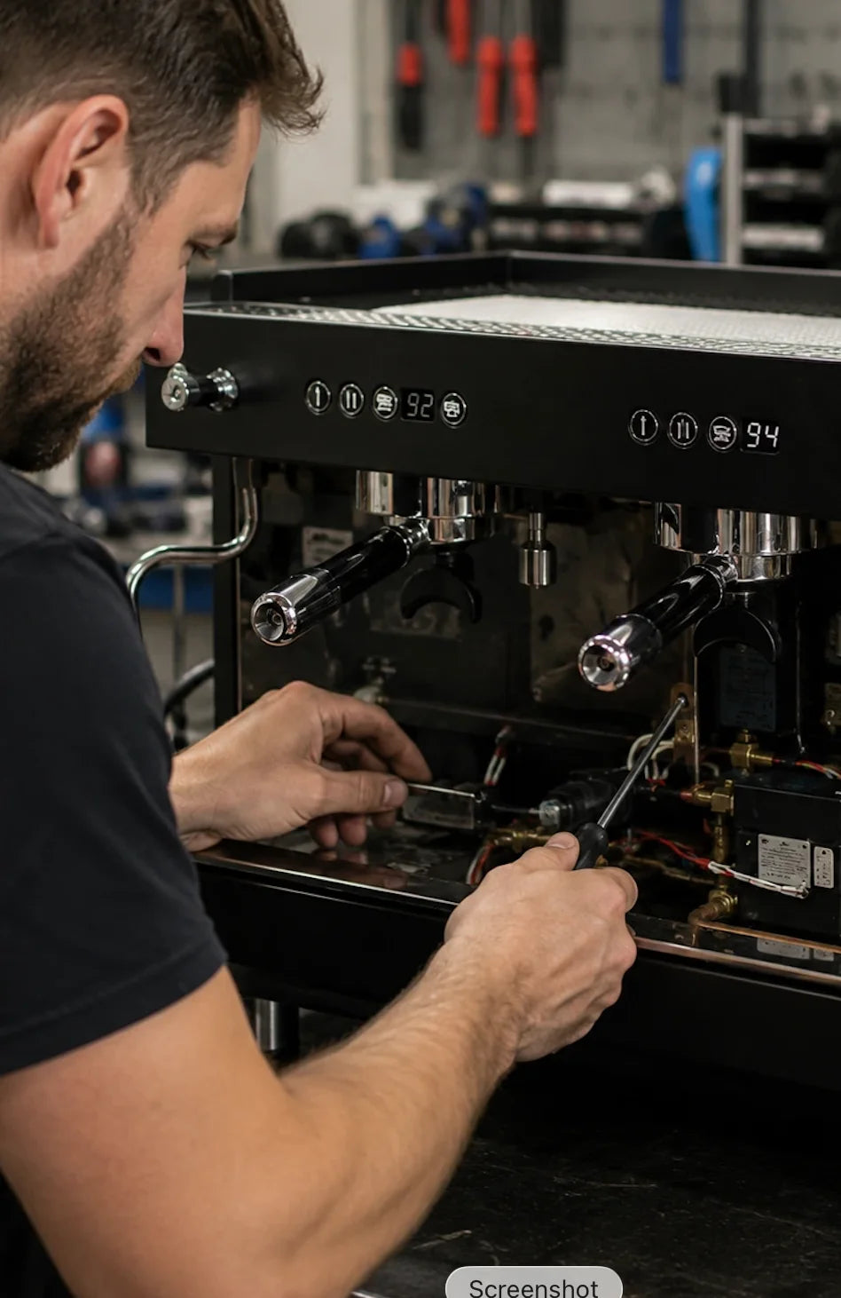 Ein Mann repariert eine Kaffeemaschine mit seinen Händen