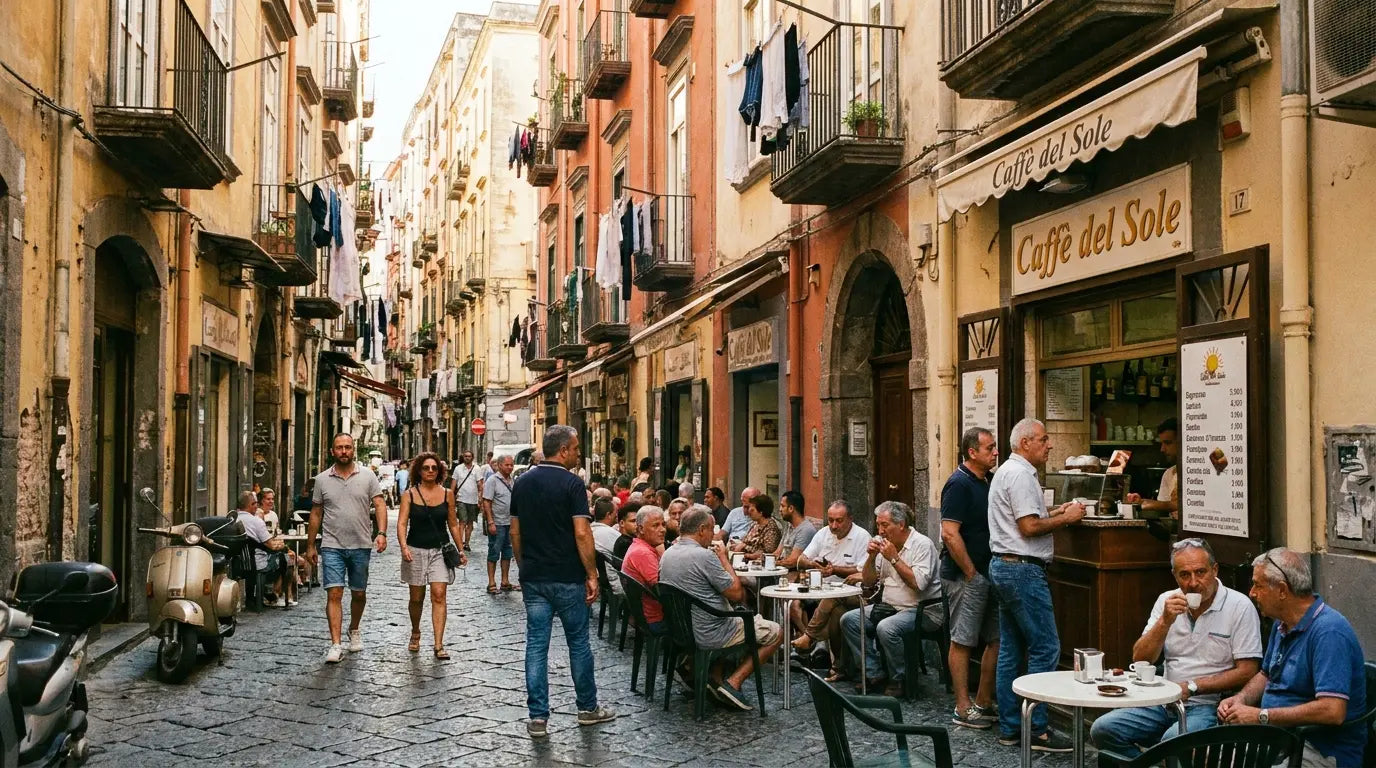 Typischer Tag in Napoli in einer kleinen Gasse mit Cafés