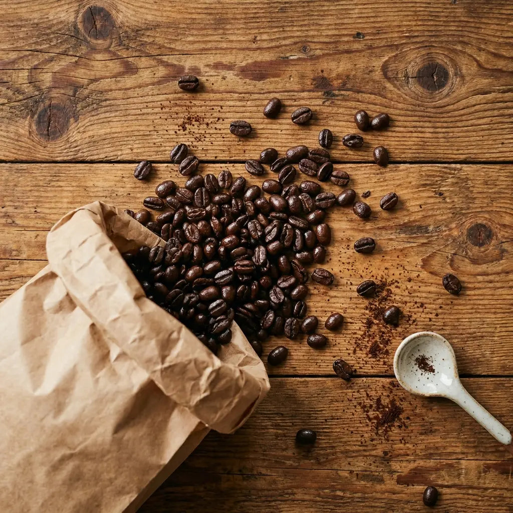 Ganze Kaffeebohnen die aus einer Papiertüte fallen, auf einem Holztisch mit einem kleinen Löffel nebenan