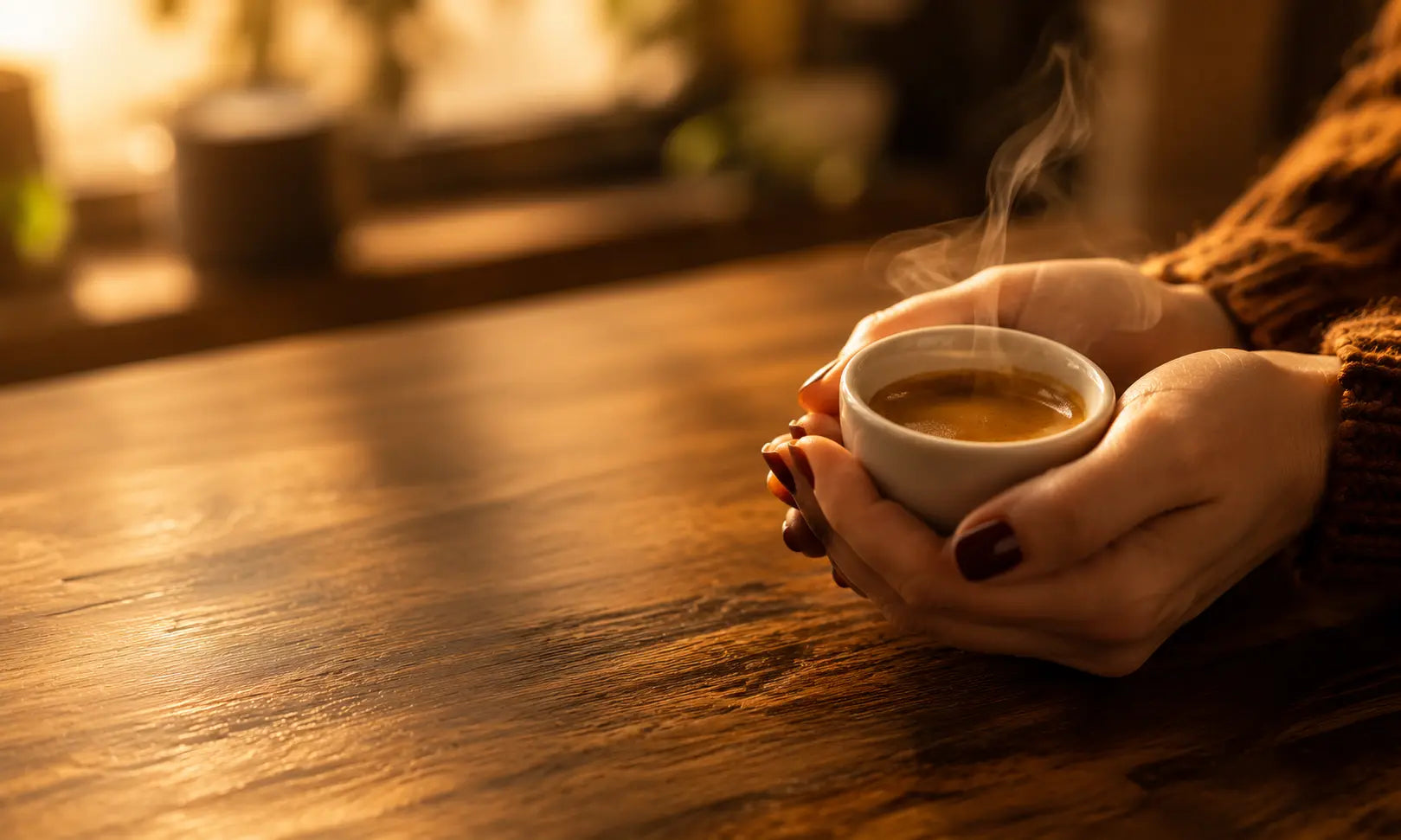 Zwei Hände die eine Tasse frischen Espresso in der Hand halten