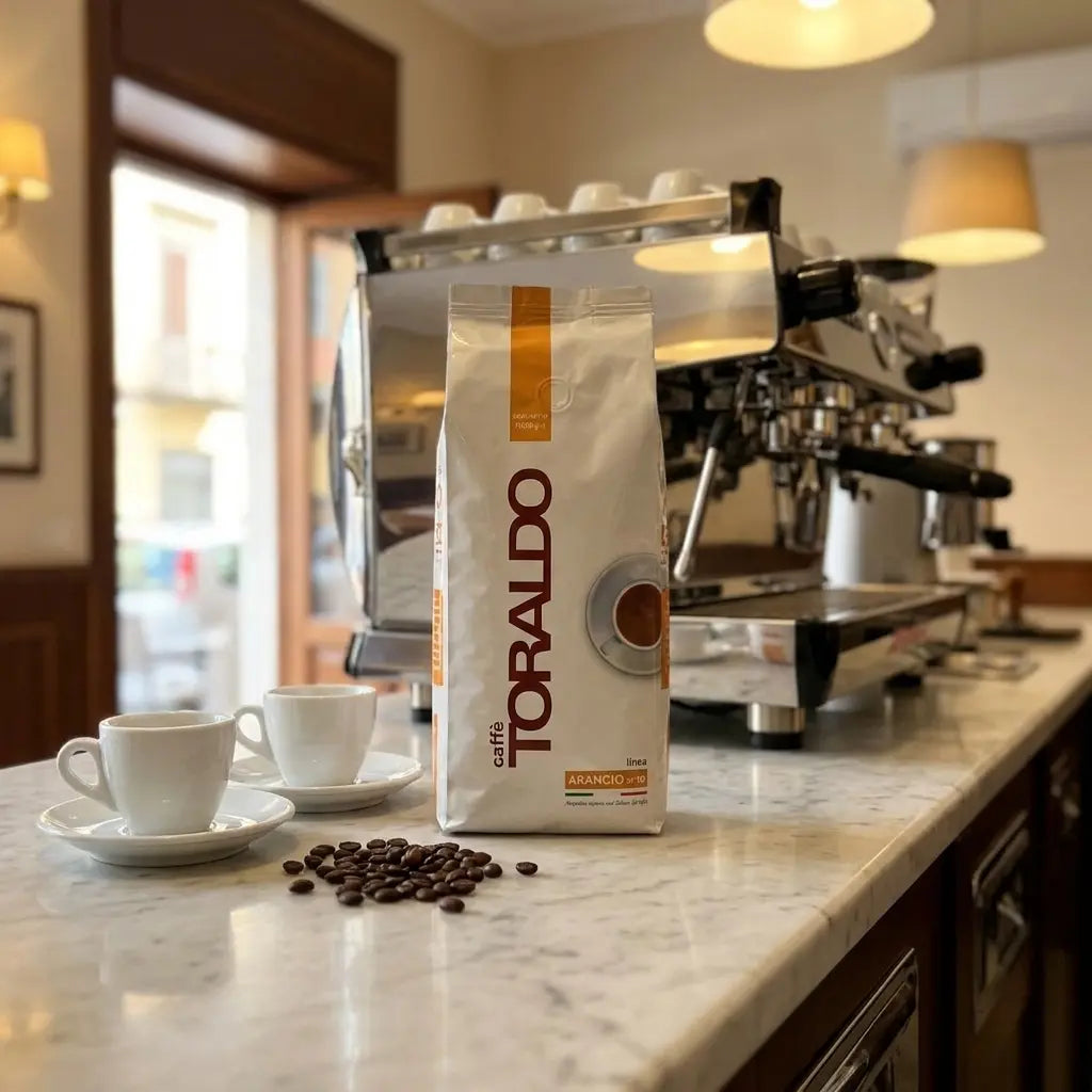 Caffè Toraldo Linea Arancio, Kaffeebohnen-Packung mit zwei Espressotassen und losen Bohnen auf Marmortheke im Café