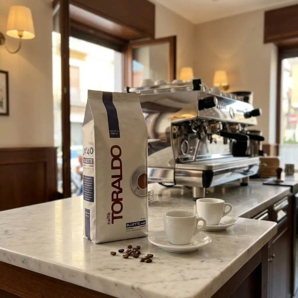 Caffè Toraldo Linea Bluette N°40, 1000g Kaffeebohnen mit zwei Cappuccinotassen auf Marmortheke vor der Siebträgermaschine