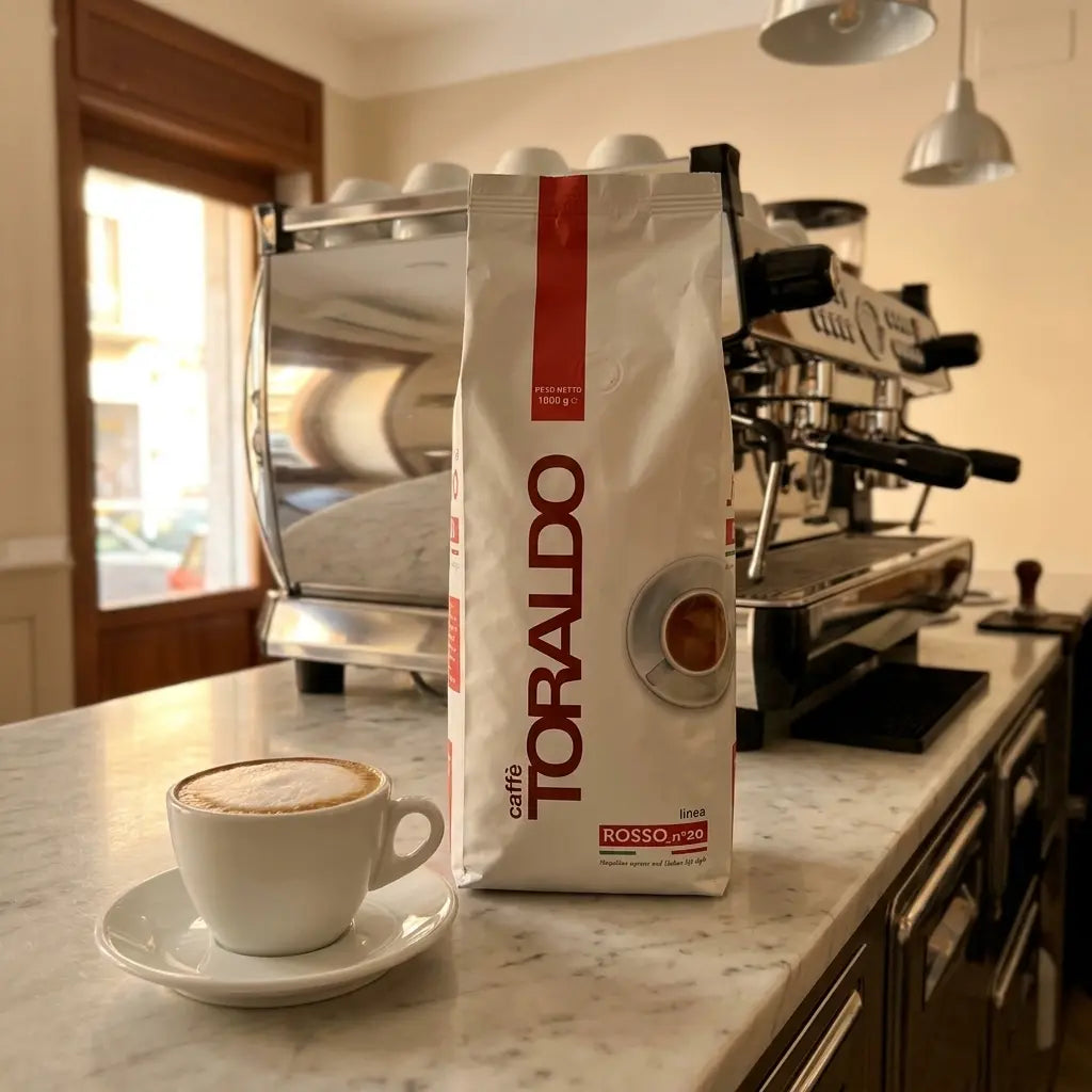 Caffè Toraldo Linea Rosso N°20, 1000g Kaffeebohnen mit Cappuccino auf Marmortheke vor der Siebträgermaschine