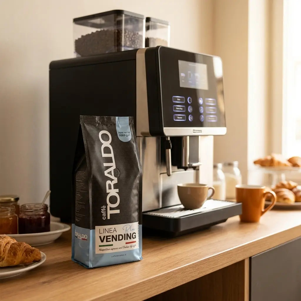 Caffè Toraldo Linea Vending Blu, 1000g Kaffeebohnen neben Kaffeevollautomat mit Croissants im Frühstücksambiente