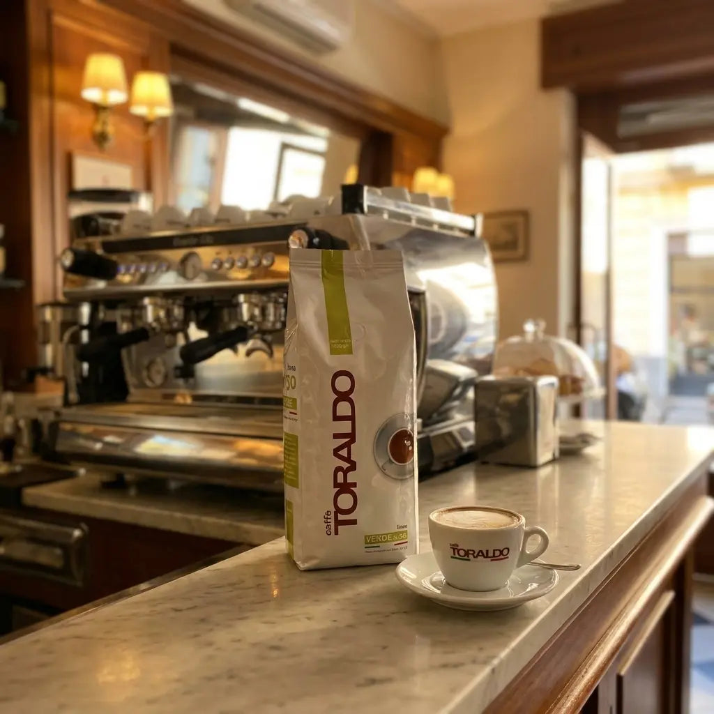 Caffè Toraldo Linea Verde, Kaffeebohnen mit Cappuccino auf Marmortheke vor der Siebträgermaschine im Café