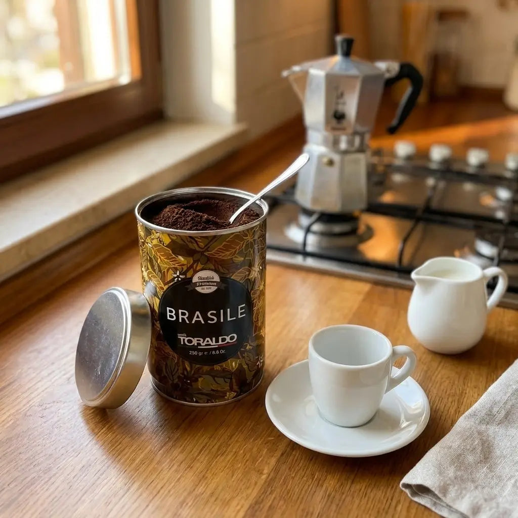 Caffè Toraldo Brasile, 250g gemahlener Kaffee in Dose mit Löffel, Espressotasse und Milchkännchen neben der Mokkakanne