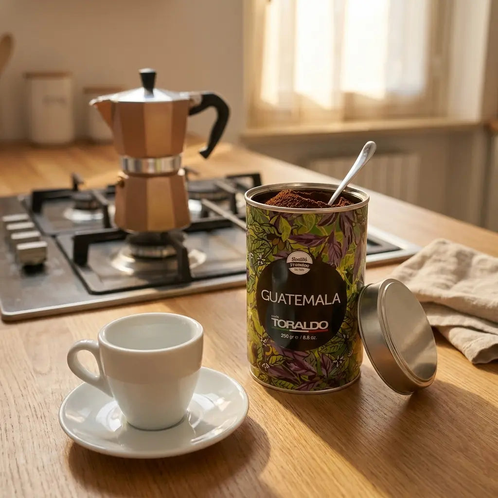 Caffè Toraldo Guatemala, 250g gemahlener Kaffee in Dose mit Löffel neben Espressotasse und Mokkakanne auf dem Herd