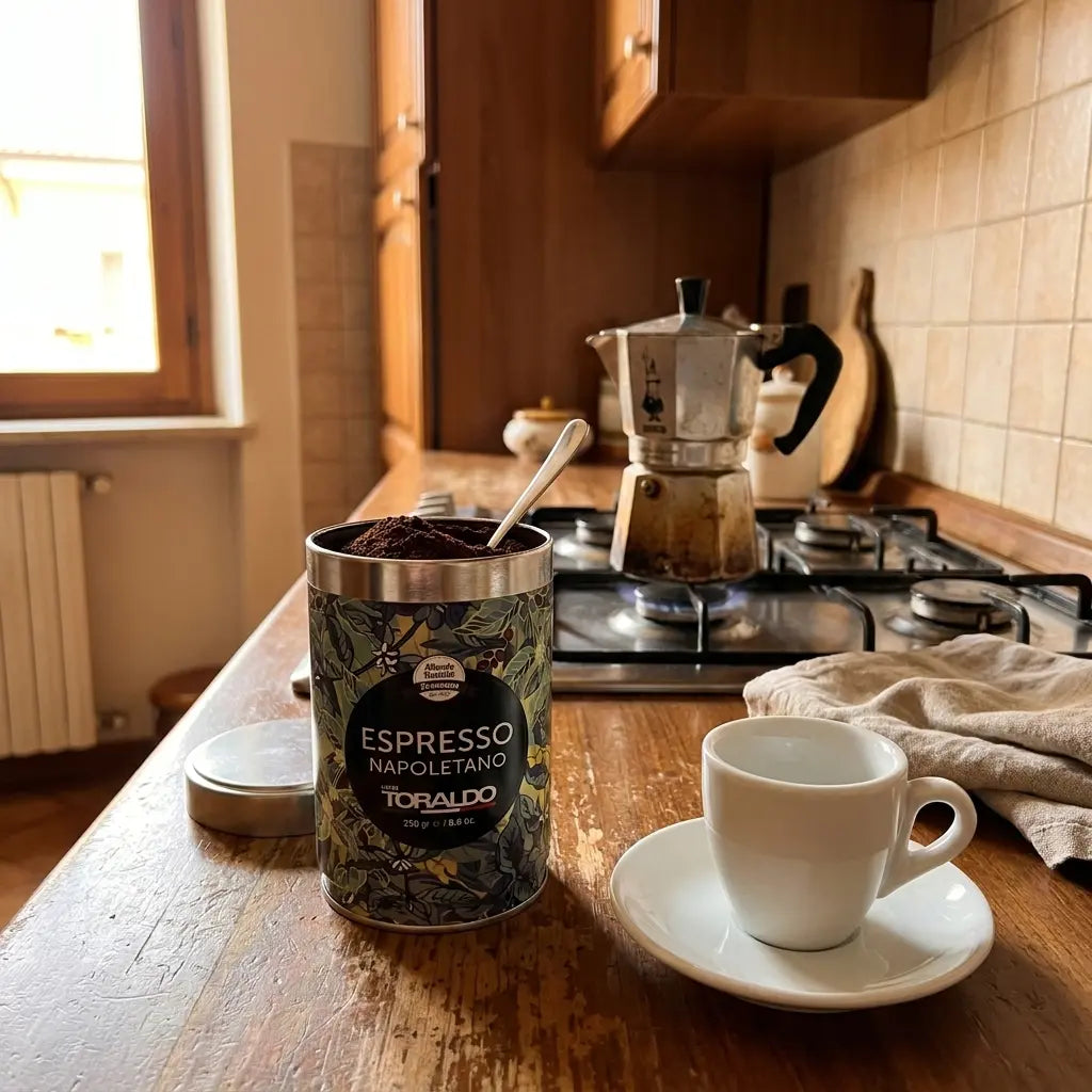 Caffè Toraldo Espresso Napoletano, 250g gemahlener Kaffee in Dose mit Löffel neben Espressotasse und Mokkakanne auf dem Herd