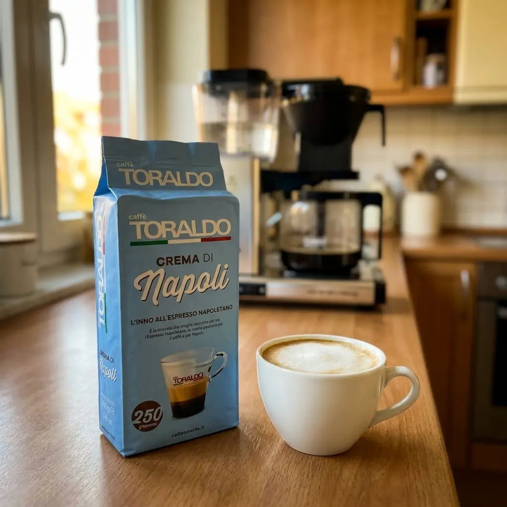 Caffè Toraldo Crema di Napoli, gemahlener Kaffee mit Cappuccino auf Küchenarbeitsplatte neben der Kaffeemaschine