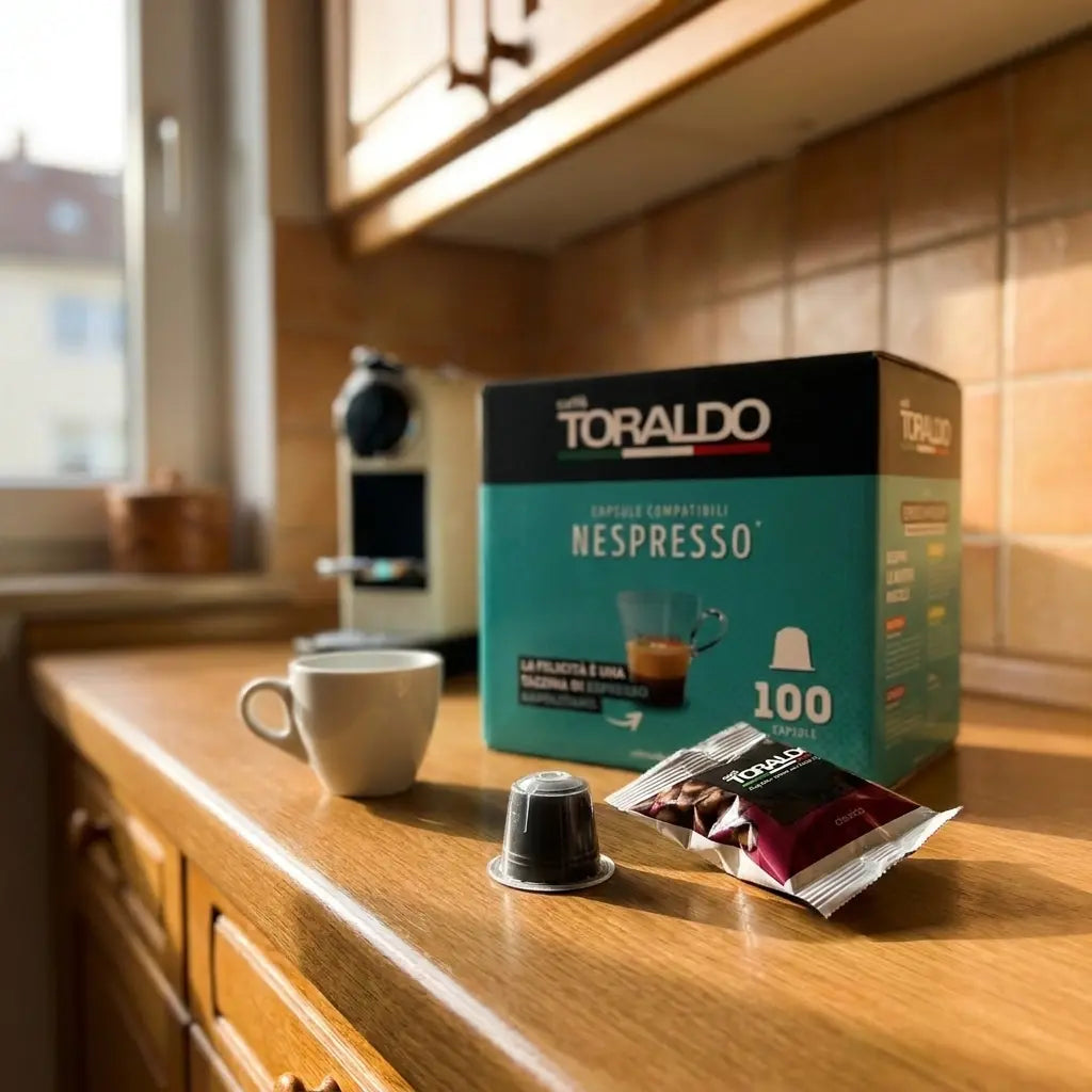 Caffè Toraldo Nespresso-kompatible Kapseln Classica, 100er-Packung mit Espressotasse und Kapsel vor Nespresso-Maschine