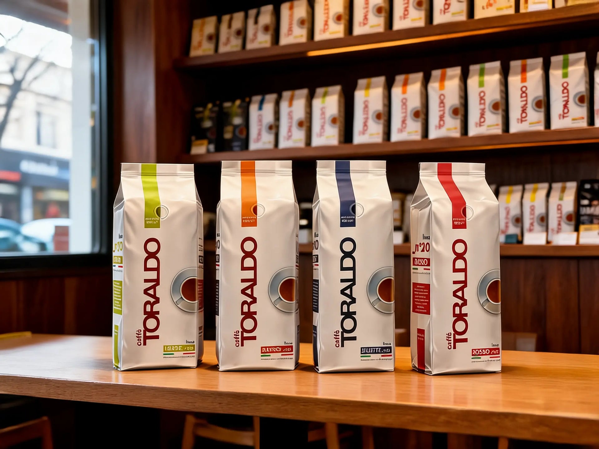 Vier Toraldo Kaffee Packungen, ganze Bohne, auf einem Tisch im Kaffee-Shop