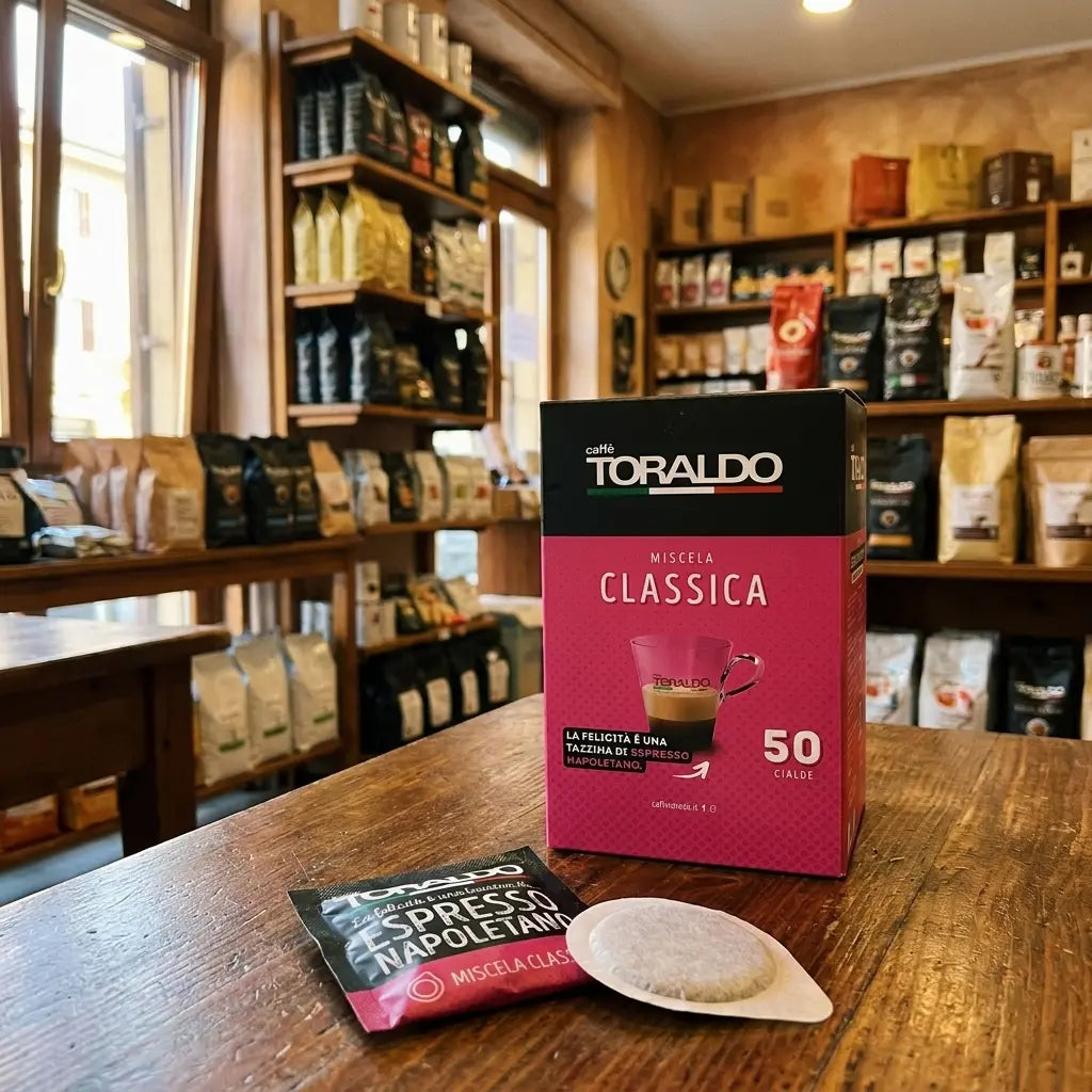 Caffè Toraldo Miscela Classica, 50 ESE-Pads-Packung mit einzelnem Pad-Beutel und Kaffeepad auf Holztisch im Ladengeschäft