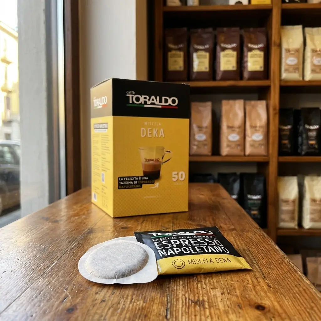 Caffè Toraldo Miscela Deka (entkoffeiniert), 50 ESE-Pads-Packung mit einzelnem Pad-Beutel und Kaffeepad auf Holztisch im Ladengeschäft