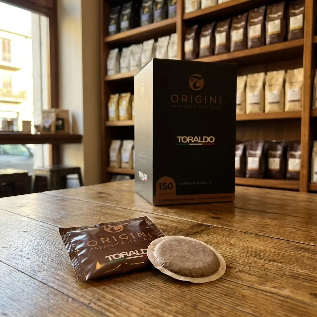 Caffè Toraldo Origini Passione Italiana, 150 ESE-Pads-Packung auf Holztisch im Ladengeschäft
